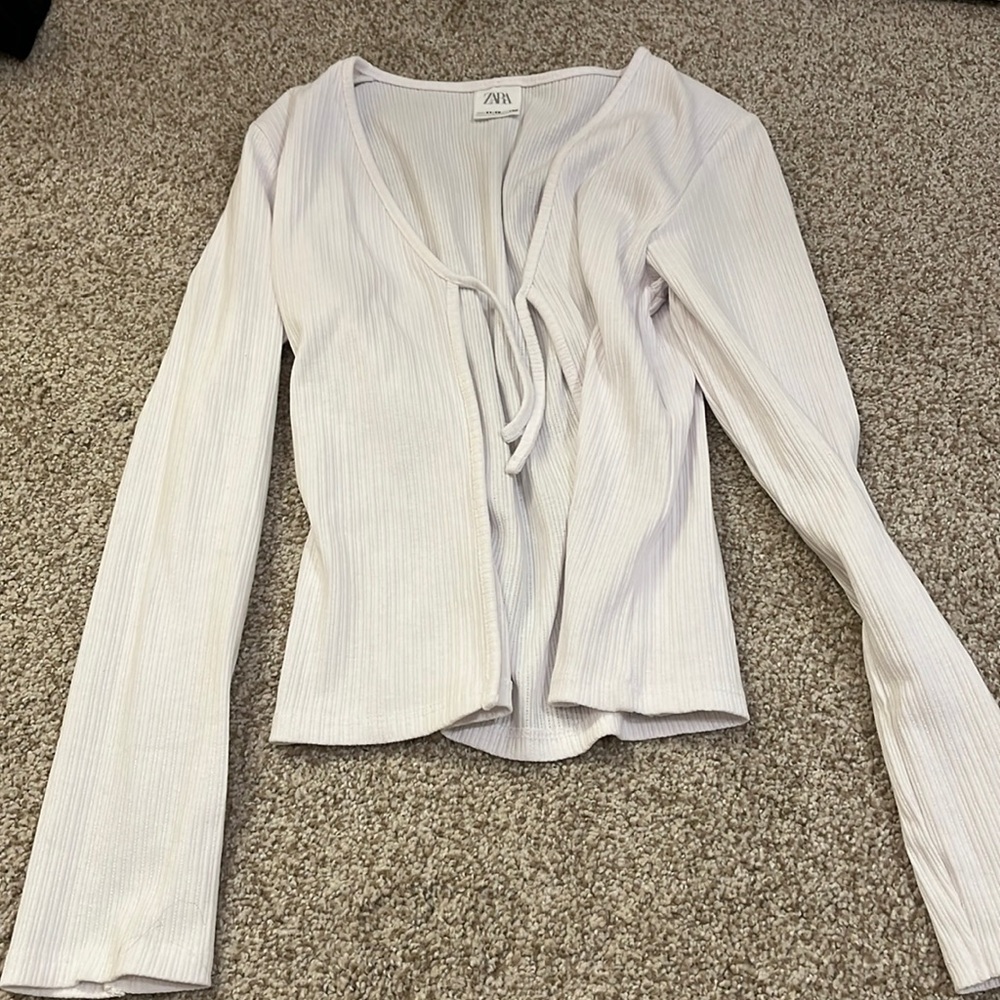 Zara Kids Long Sleeve Ribbed Tie-Front Tee in Light Lavender
